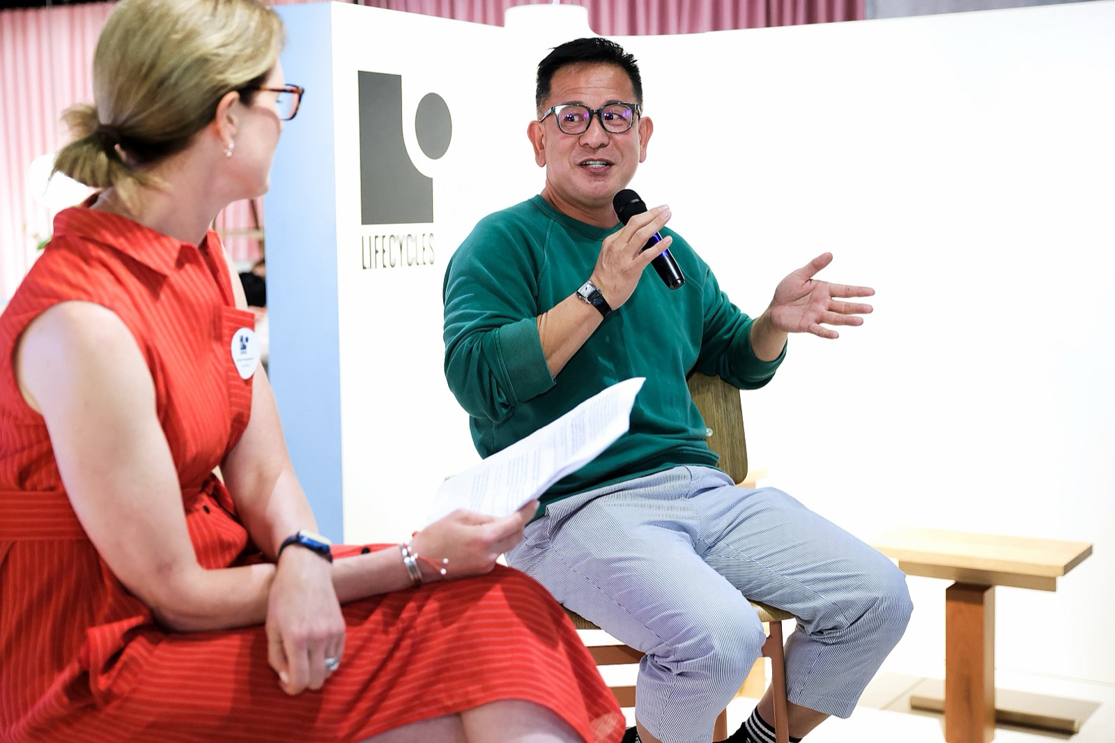 Anna Meadows interviewing designer Nathan Yong at the launch of his Lifecycles collection, Singapore 2023